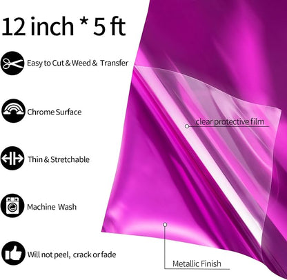 VINYL FROG Metallic Foil HTV Vinyl Roll 12" x5ft Fushcia Chrome Heat Transfer - Image 2