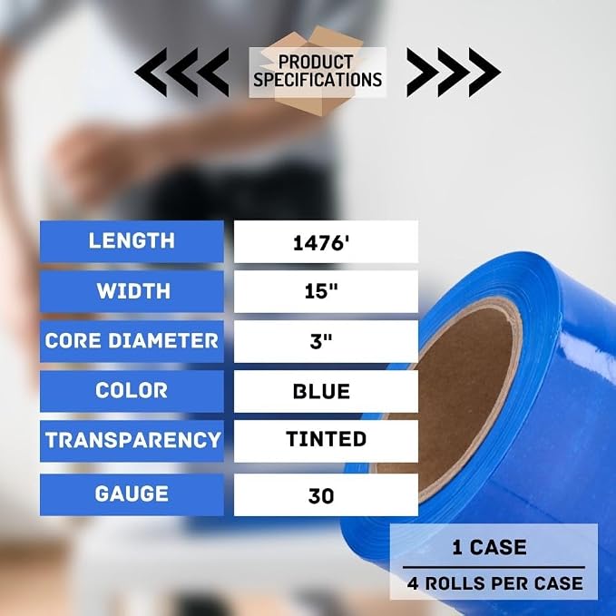PSBM Blue Stretch Wrap, 15 Inch x 1476 Feet, 4 Pack, Tinted Pre-Stretched - Image 3