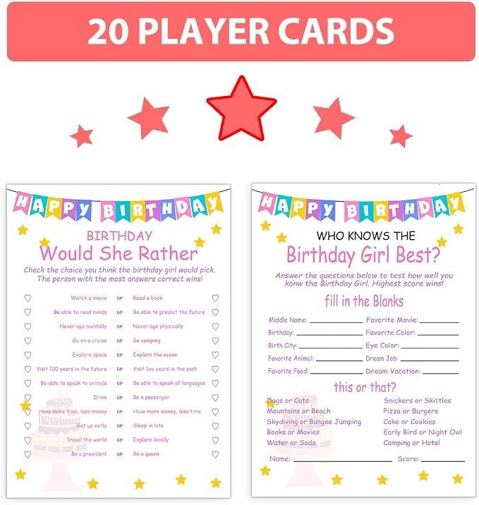 Birthday Party Games Set for Girls- 20 Birthday Double Sided Games Cards Set- - Image 3