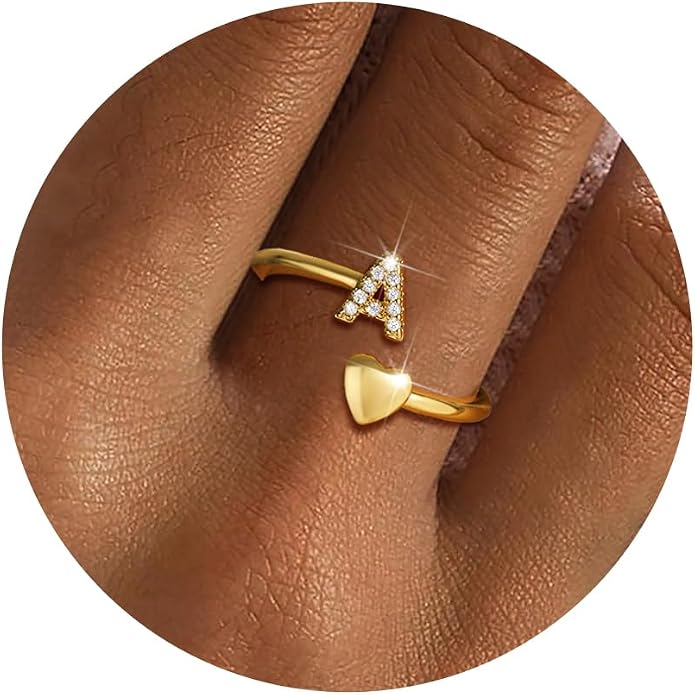Gold Initial Rings for Women Girls, Dainty 14K Gold Plated Adjustable Initial by FezodoJewelry