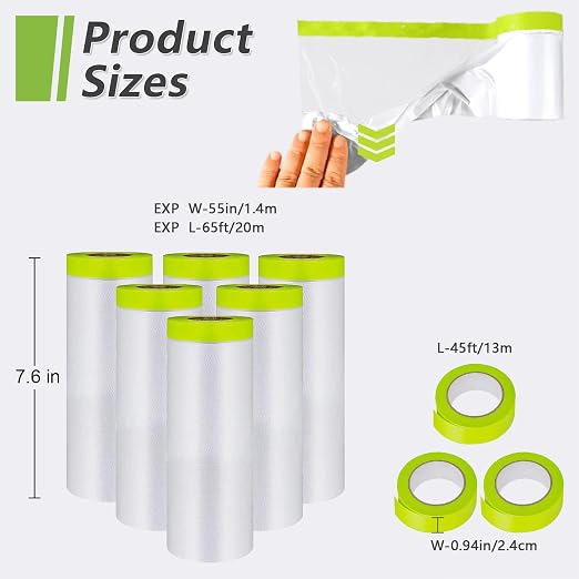 Pre-Taped Masking Film-55inx65ft Tape and Drape Painters Paper Rolls, Plastic - Image 2