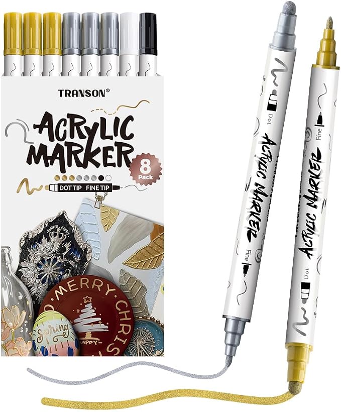 TRANSON 3 Gold, 3 Silver, 1 Black and 1 White Paint Markers Bold and Fine by Transon