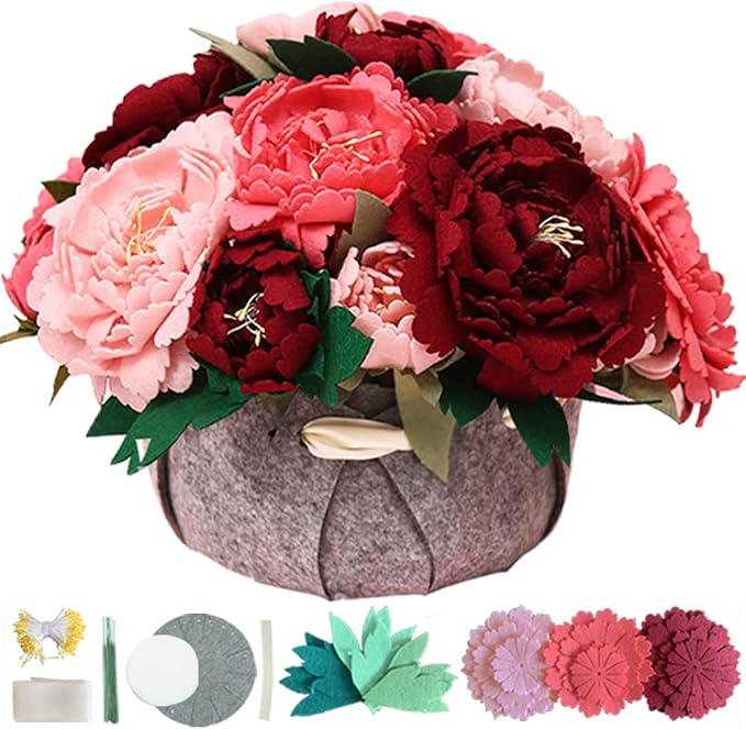 BAZIMA DIY Felt Flower Art Craft Kit, DIY Felt Peony Pot Bonsai Kit, 18 Peonies by BAZIMA+ALICE