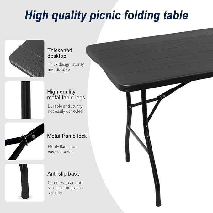 2-PCS 70.8" W X 29" D X 29" H - 6 ft Black Folding Table Heavy Duty Portable - Image 3