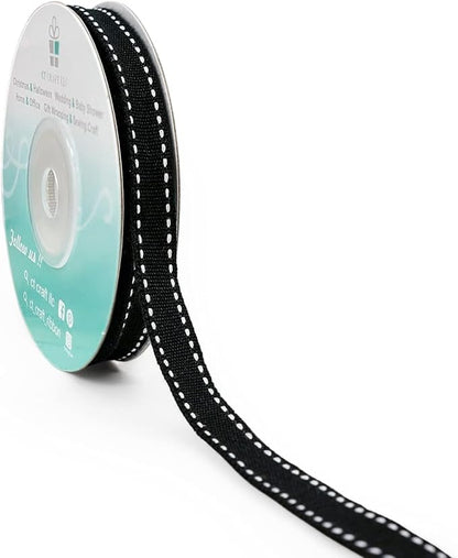 CT CRAFT LLC Black Cotton White Stitched Ribbon 3/8" x 10 Yards by CTCRAFTLLC