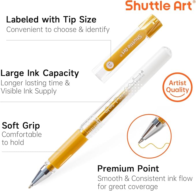 Shuttle Art White Gold Silver Gel Pens, 6 Pack 0.7mm, 1.0mm Metallic Gel Ink - Image 3