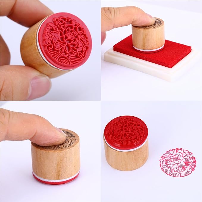 CCINEE 6pcs Round Rubber Stamps Floral Pattern Wooden Stamps - Image 5