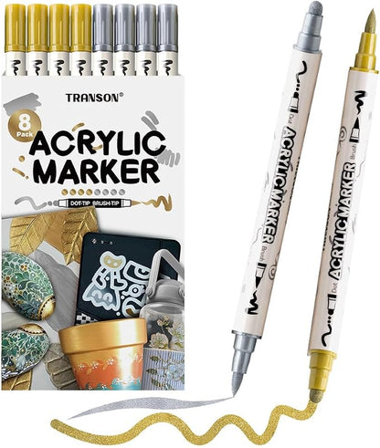 TRANSON 4 Silver and 4 Gold Paint Markers Brush and Bold Dual-tip Acrylic Paint by Transon