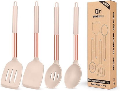 Pack of 4 Silicone Cooking Utensils Set, Non Stick Large Solid Spatulas by BUNDLEPRO