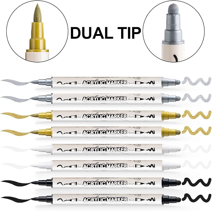TRANSON 2 Gold, 2 Silver, 2 Black and 2 White Paint Markers Brush and Bold - Image 4