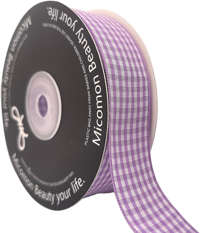 Purple and White Woven Edge Plaid Ribbon 100% Polyester Gingham Ribbon 25 Yards by Micomon