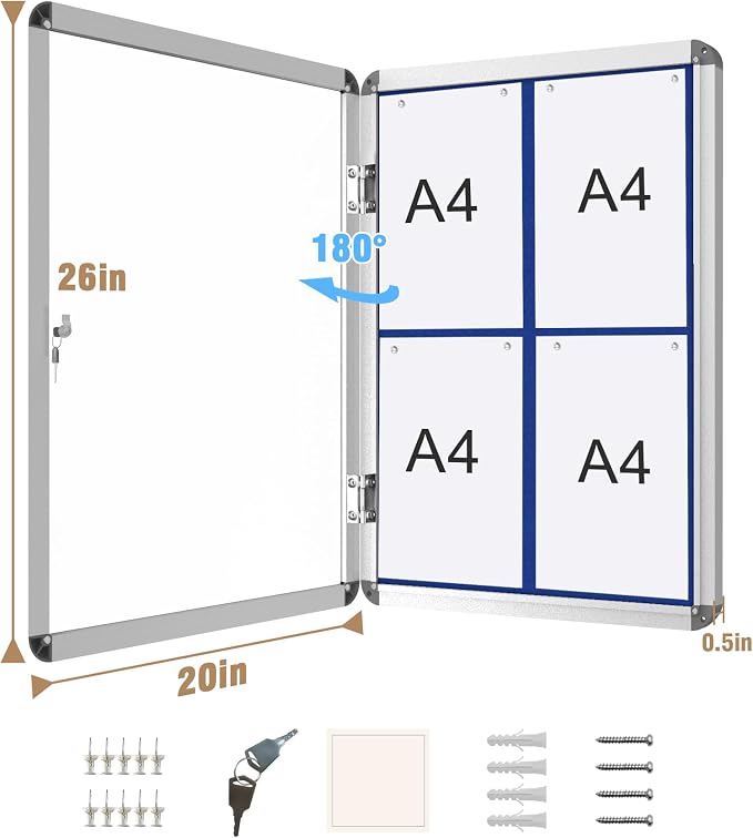 26"x20" Enclosed Bulletin Board, Lockable Weather-Resistant Aluminum Cork - Image 5