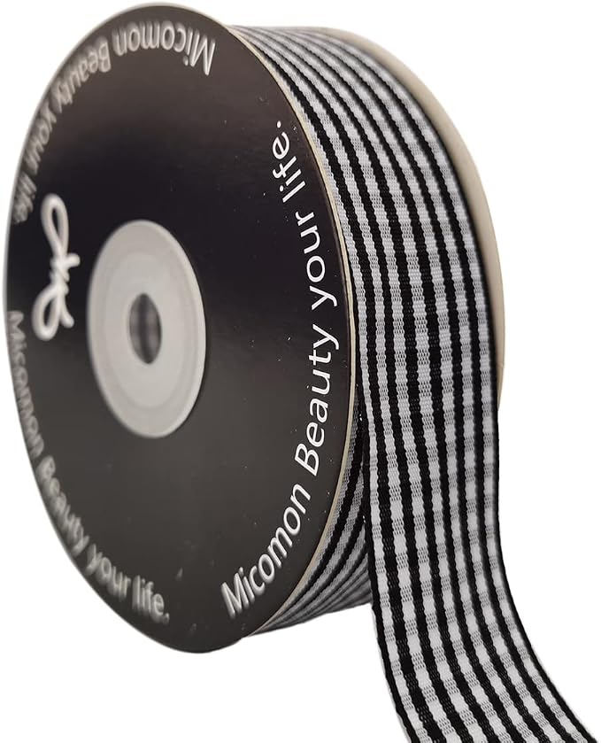 1 Inch Black and White Woven Edge Gingham Ribbon 25 Yards Each Roll 100% by Micomon