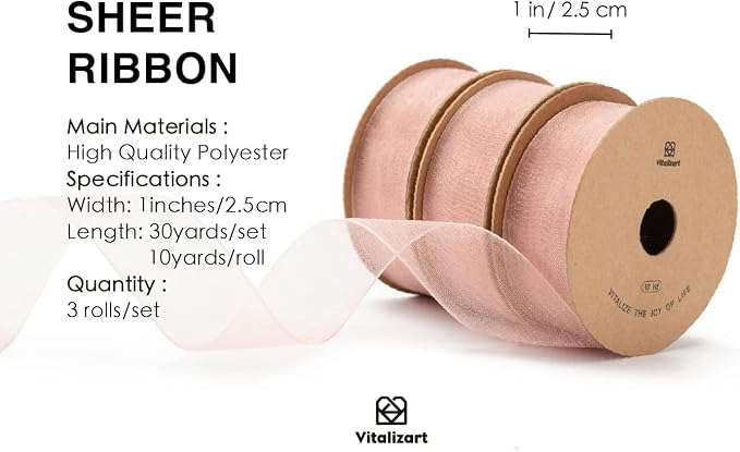 Vitalizart Rose Gold Ribbon Organza Sheer Ribbon 1 inch x 30Yd Handmade Fabric - Image 2