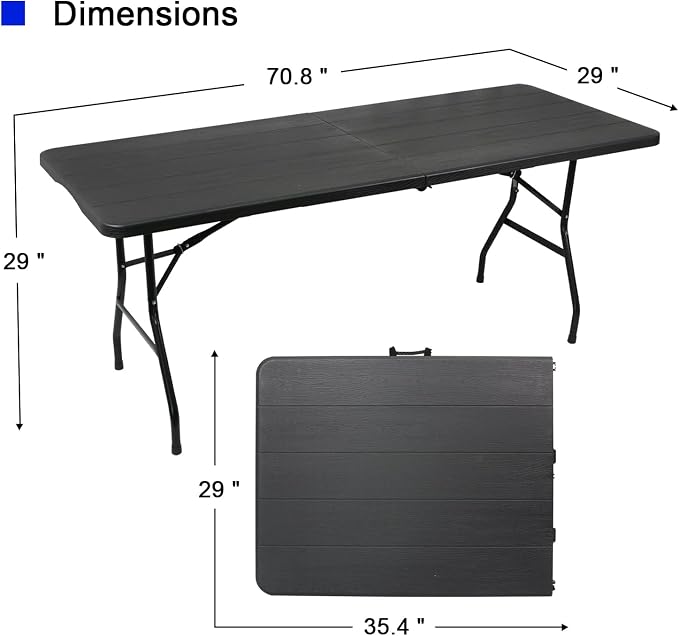 70.8" W X 29" D X 29" H - 6 ft Folding Table Black Wood Grain Portable Heavy - Image 2