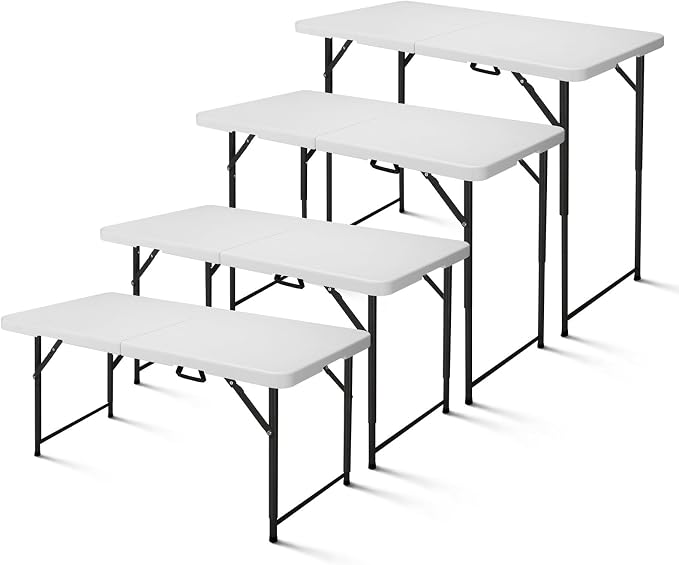 4ft Folding Table, Portable Fold-in-Half Adjustable Height Utility Table - Image 3
