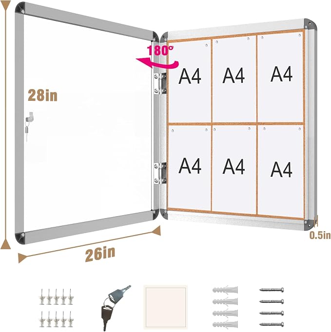 28"x26" Enclosed Bulletin Board, Lockable Weather-Resistant Aluminum Cork - Image 5