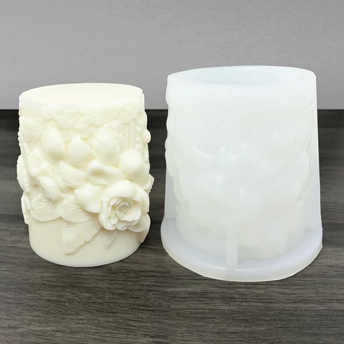 Flower Cylinder Candle Mold Floral Leaf Pillar Thick Silicone Mold - Image 2