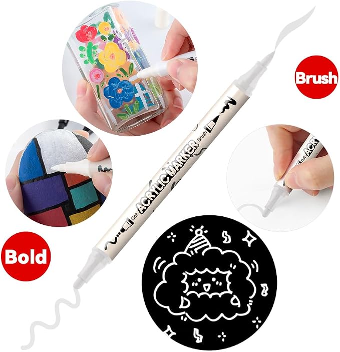 TRANSON 8 Pack White Brush and Bold Dual-tip Acrylic Paint Marker - Image 3