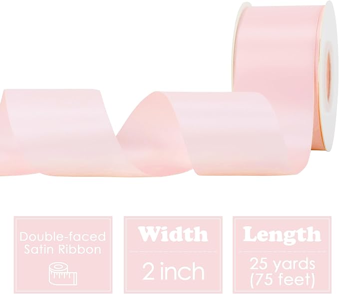 HUIHUANG Pink Ribbon 2 inch Wide Double-Faced Baby Pink Satin Silk Ribbon - Image 2