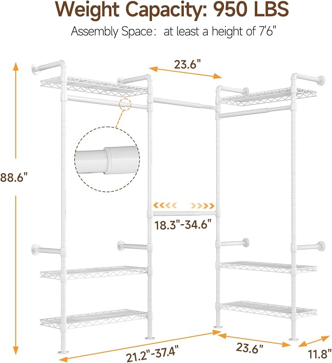 L3 Industrial Pipe Closet Organizer System, Wall Mounted Clothes Rack Clothing - Image 2