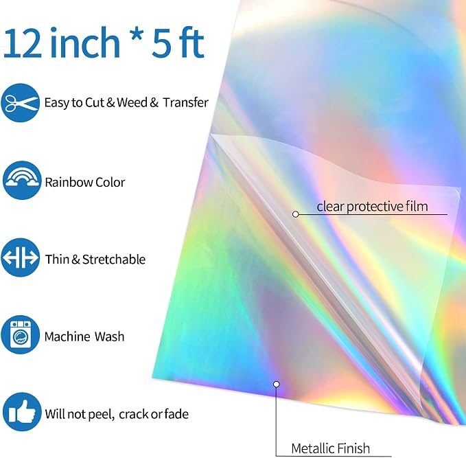 VINYL FROG Metallic Foil HTV Vinyl Roll 12" x5ft Holographic Silver Heat - Image 2