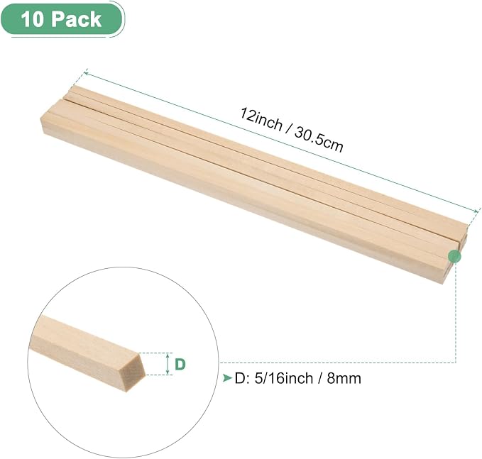 10-Pack Wood Square Dowel Rods, 5/16 x 12 Inch Unfinished Wooden Square Dowel - Image 3