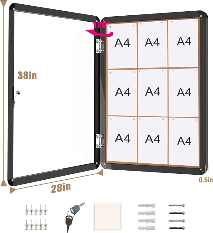 38"x28" Enclosed Bulletin Board, Lockable Weather-Resistant Aluminum Cork - Image 5