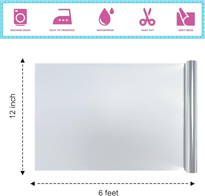 Metallic Silver Foil Heat Transfer Vinyl 12Inch*6Ft Bundle Chrome HTV Pack in - Image 2