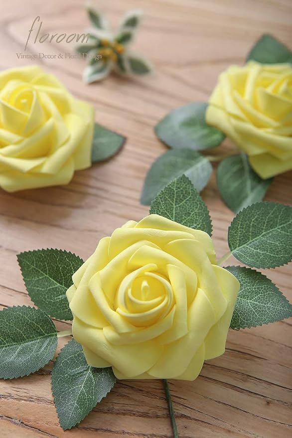 Floroom Artificial Flowers 50pcs Real Looking Canary Yellow Foam Fake Roses - Image 5