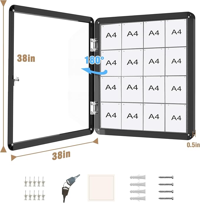 38"x38" Enclosed Bulletin Board, Lockable Weather-Resistant Aluminum Cork - Image 5