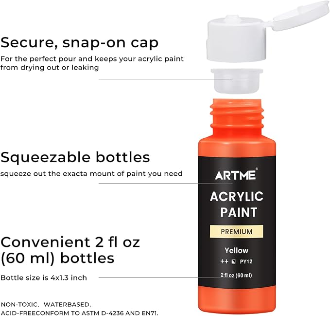 ARTME Acrylic Paint Set, 60 Colors in 2oz/60ml Bottles, Non Toxic, Waterproof - Image 4