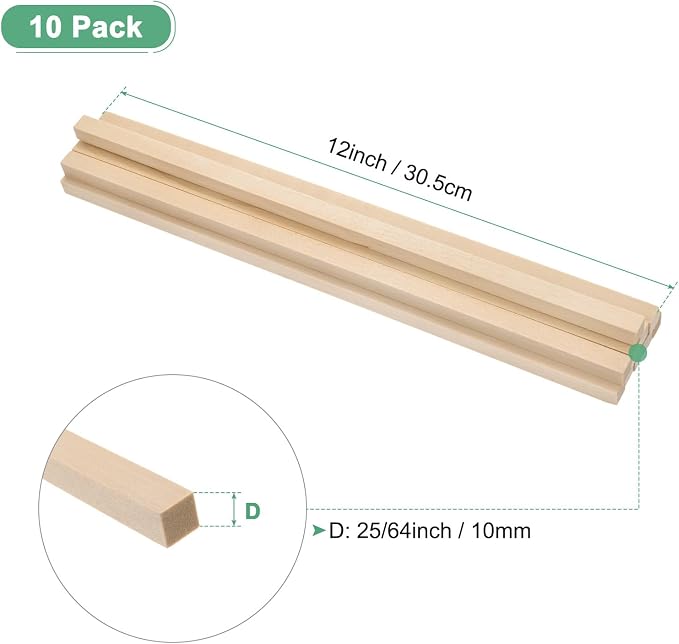 10-Pack Wood Square Dowel Rods, 25/64 x 12 Inch Unfinished Wooden Square Dowel - Image 3