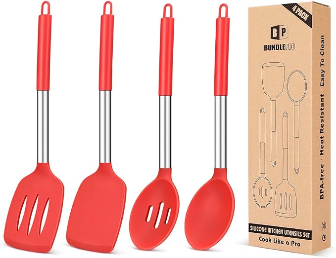 Pack of 4 Silicone Cooking Utensils Set, Non Stick Large Solid Spatulas by BUNDLEPRO
