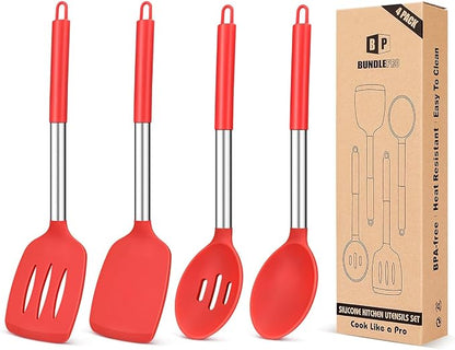 Pack of 4 Silicone Cooking Utensils Set, Non Stick Large Solid Spatulas by BUNDLEPRO
