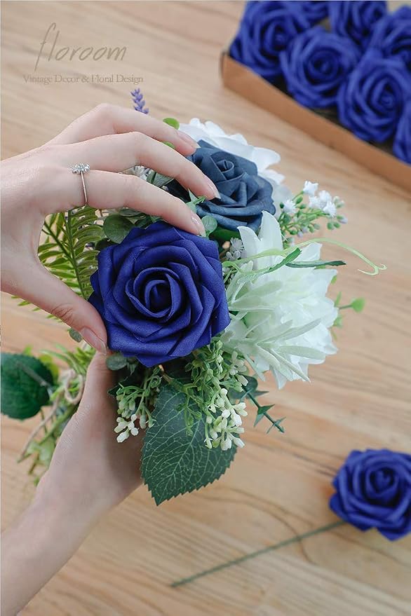 Floroom Artificial Flowers 50pcs Real Looking Royal Blue Foam Fake Roses - Image 2