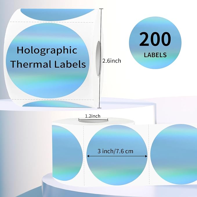 3" Holographic Direct Thermal Label Stickers, Round Printable Rainbow Glitter - Image 2