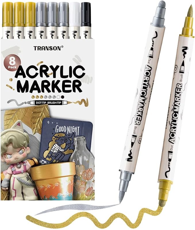 TRANSON 3 Gold, 3 Silver, 1 Black and 1 White Paint Markers Brush and Bold by Transon