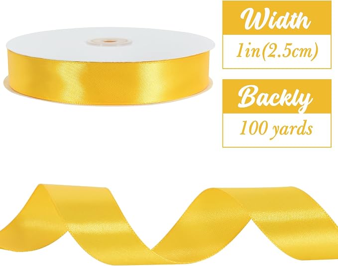 TONIFUL 1 Inch x 100yds Yellow Satin Ribbon, Thin Solid Color Satin Ribbon - Image 2