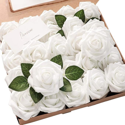 Floroom Artificial Flowers 50pcs Realistic White Foam Fake Roses by Floroom