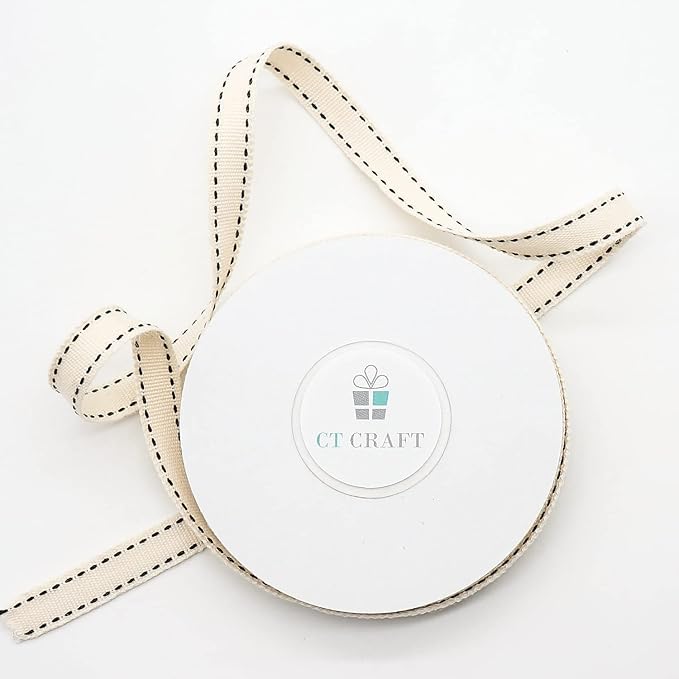 CT CRAFT LLC Ivory Cotton Black Stitched Ribbon 3/8" x 10 Yards - Image 3