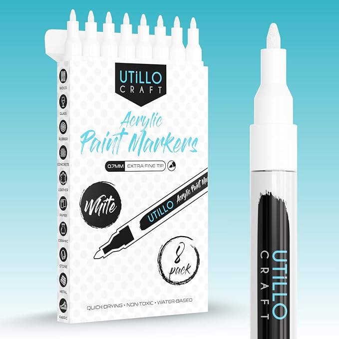 8-Pack White Paint Pens Extra Fine Tip Made in Japan | Bold Color + 100% by UtilloCraft