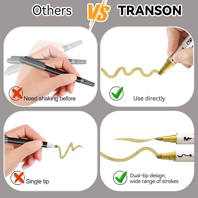 TRANSON 4 Silver and 4 Gold Paint Markers Brush and Bold Dual-tip Acrylic Paint - Image 5