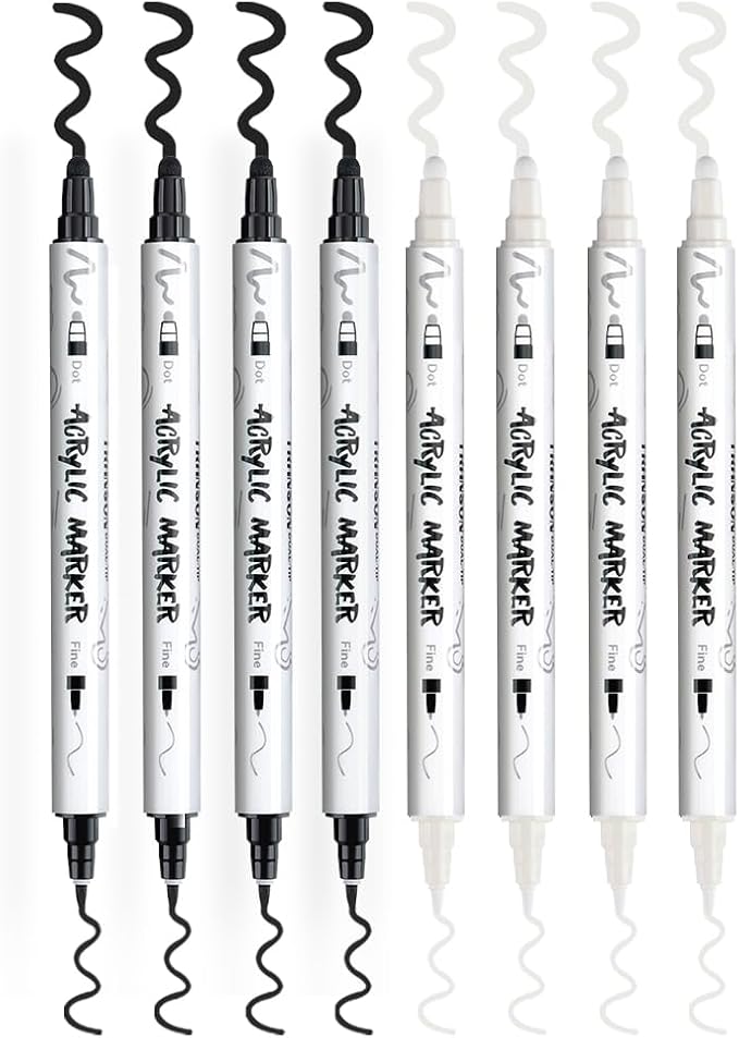 TRANSON 4 Black and 4 White Paint Markers Bold and Fine Dual-tip Acrylic Paint - Image 7