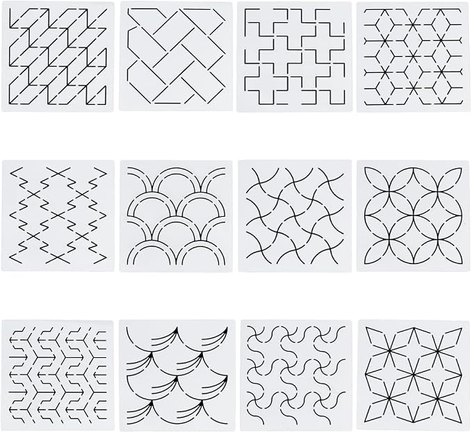 FREEBLOSS 12Pcs Sashiko Stencils Sashiko Embroidery PET Template Drawing Line by FreeandCreativeCraftsArt