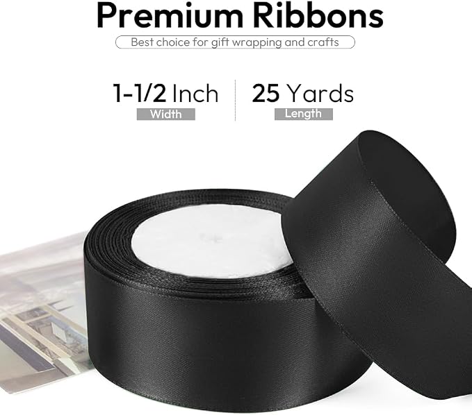 1-1/2 Inch 25 Yards Satin Ribbon Black, Solid Color Fabric Ribbon - Image 2