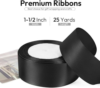 1-1/2 Inch 25 Yards Satin Ribbon Black, Solid Color Fabric Ribbon - Image 2