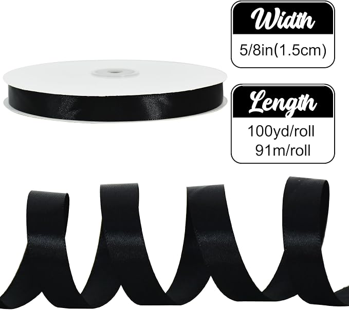TONIFUL 5/8 Inch x 100yds Black Satin Ribbon Thin Solid Frabic Ribbons - Image 2