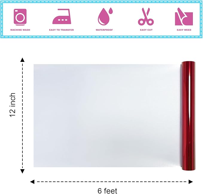 Metallic Red Foil Heat Transfer Vinyl 12Inch*6FT Bundle Chrome HTV Pack in - Image 2