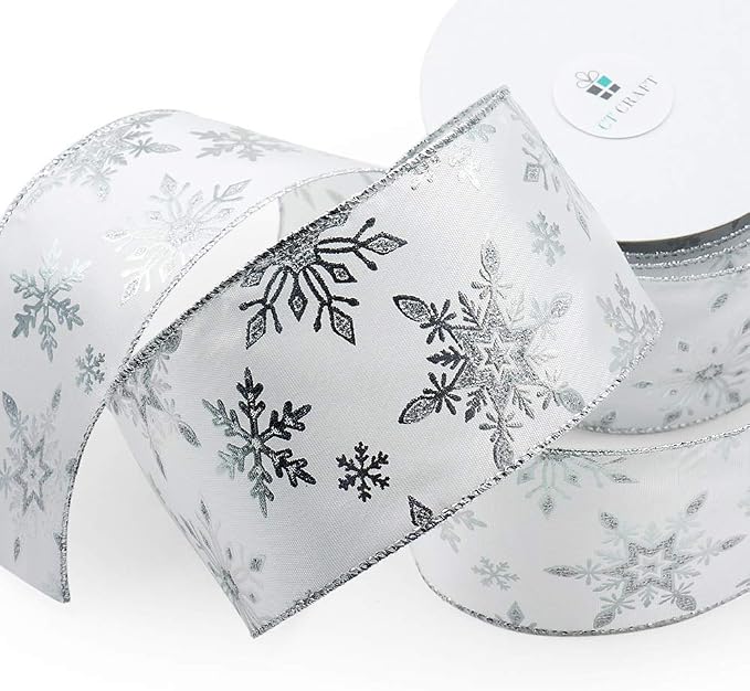 CT CRAFT LLC Satin with Silver Snowflake Wired Ribbon 2.5 Inch x 10 Yards - Image 3